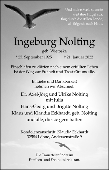 Traueranzeige von Ingeburg Nolting von Westfalen-Blatt