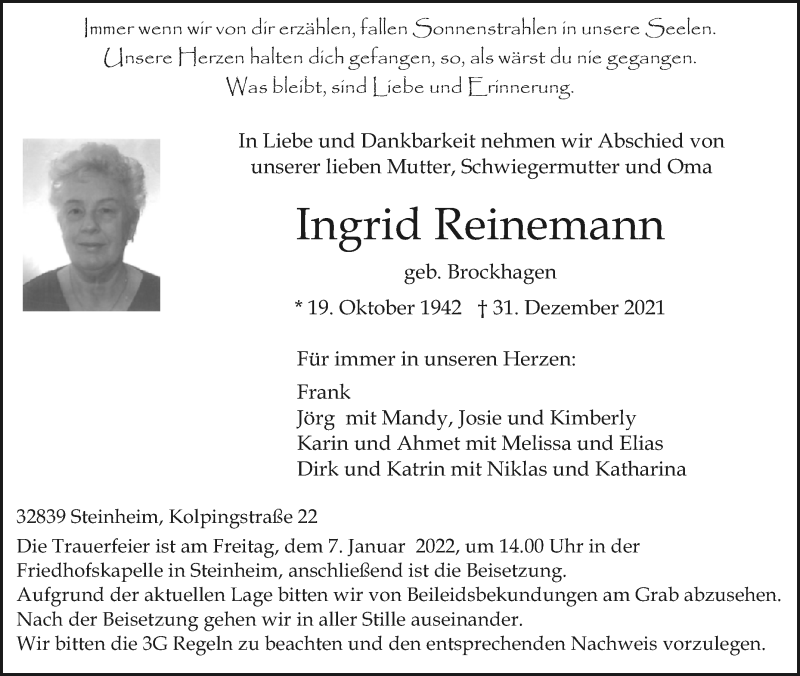  Traueranzeige für Ingrid Reinemann vom 05.01.2022 aus Westfalen-Blatt