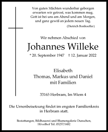 Traueranzeige von Johannes Willeke von Westfalen-Blatt