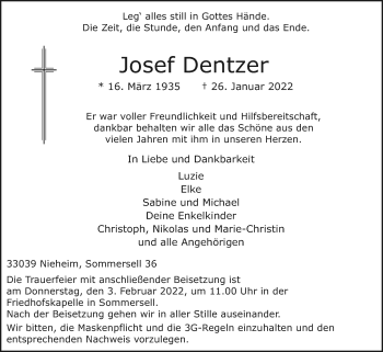 Traueranzeige von Josef Dentzer von Westfalen-Blatt