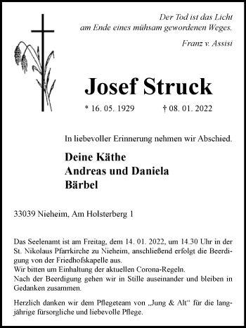 Traueranzeige von Josef Struck von Westfalen-Blatt