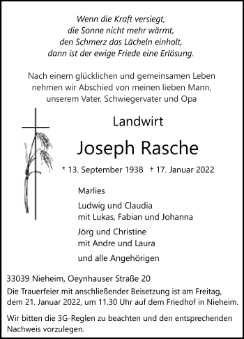 Traueranzeige von Joseph Rasche von Westfalen-Blatt