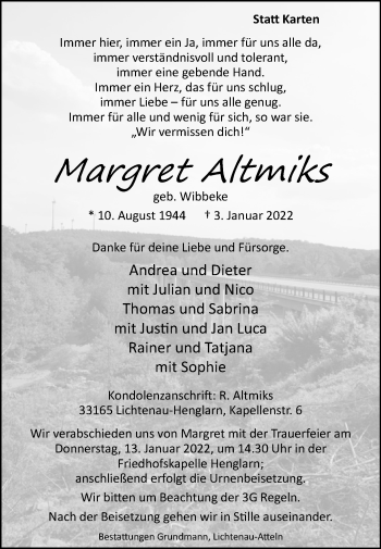 Traueranzeige von Margret Altmiks von Westfalen-Blatt