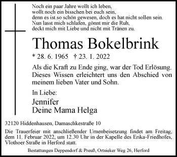 Traueranzeige von Thomas Bokelbrink von Westfalen-Blatt