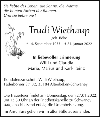 Traueranzeige von Trudi Wiethaup von Westfalen-Blatt