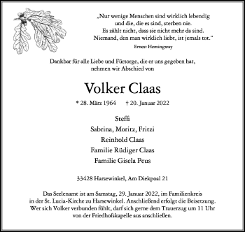 Traueranzeige von Volker Claas von Westfalen-Blatt