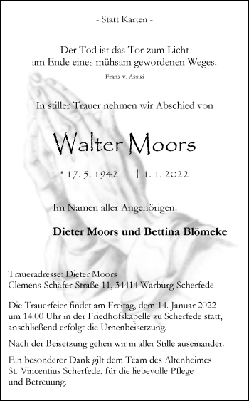 Traueranzeige von Walter Moors von Westfalen-Blatt