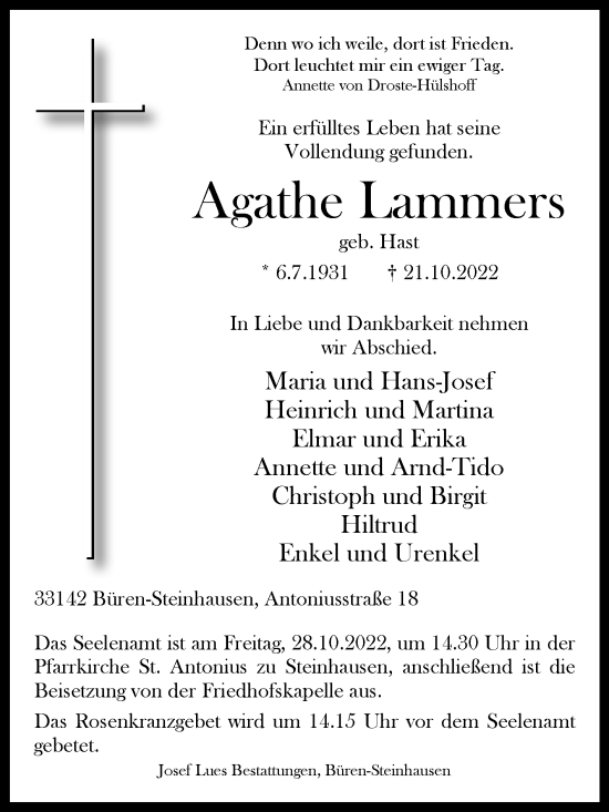 Traueranzeige von Agathe Lammers von Westfalen-Blatt