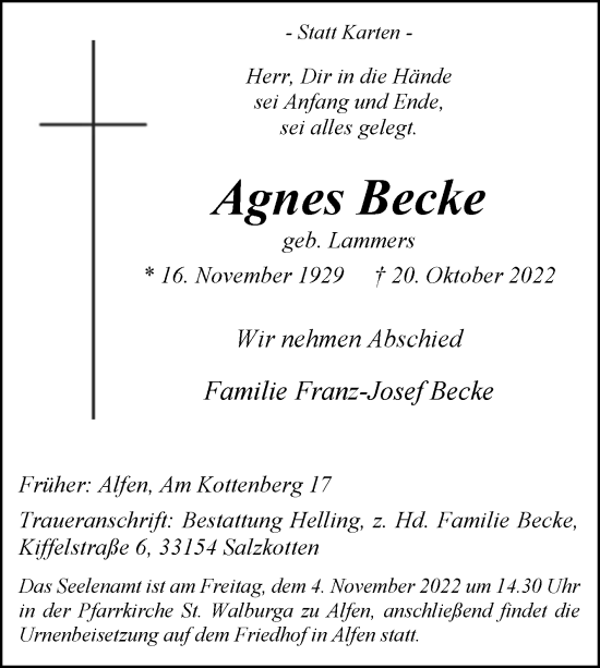 Traueranzeige von Agnes Becke von Westfalen-Blatt