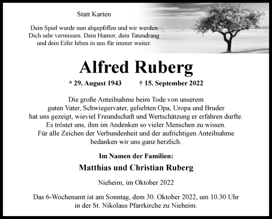 Traueranzeige von Alfred Ruberg von Westfalen-Blatt