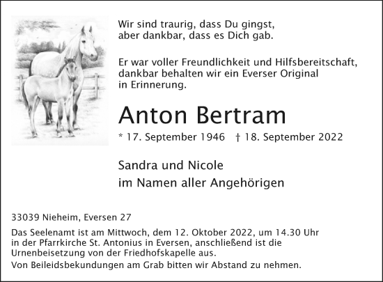 Traueranzeige von Anton Bertram von Westfalen-Blatt