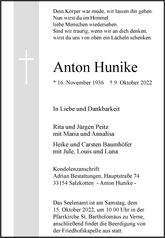 Traueranzeige von Anton Hunike von Westfalen-Blatt