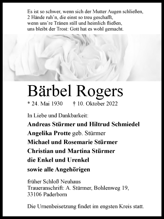 Traueranzeige von Bärbel Rogers von Westfalen-Blatt