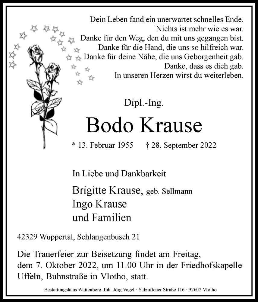  Traueranzeige für Bodo Krause vom 05.10.2022 aus Westfalen-Blatt