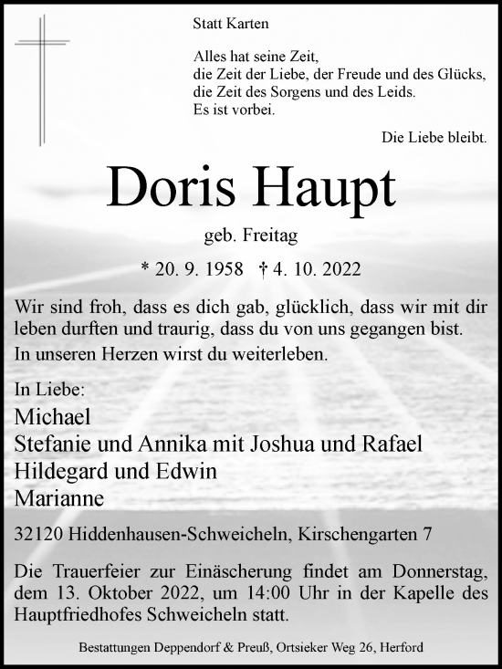 Traueranzeige von Doris Haupt von Westfalen-Blatt