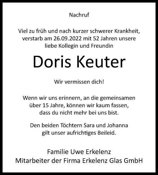 Traueranzeige von Doris Keuter von Westfalen-Blatt