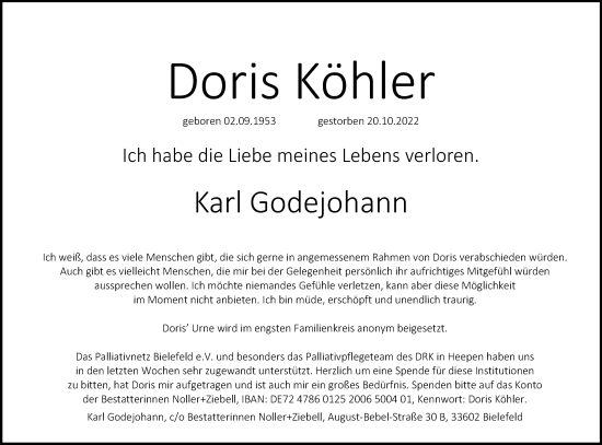 Traueranzeige von Doris Köhler von Westfalen-Blatt