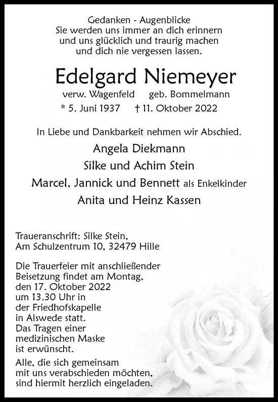 Traueranzeige von Edelgard Niemeyer von Westfalen-Blatt