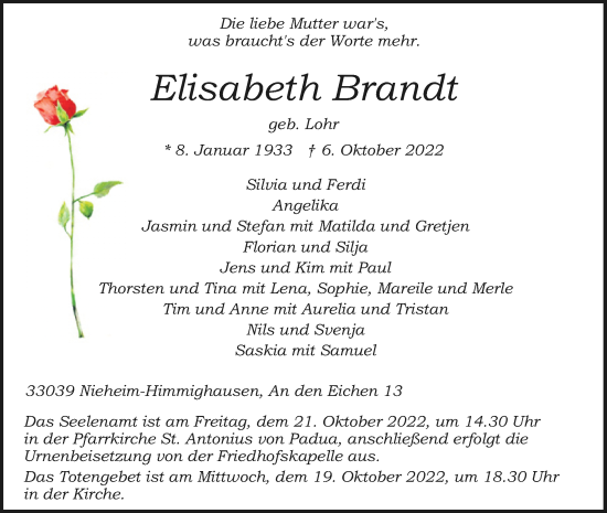 Traueranzeige von Elisabeth Brandt von Westfalen-Blatt