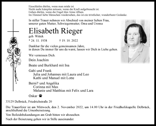 Traueranzeige von Elisabeth Rieger von Westfalen-Blatt