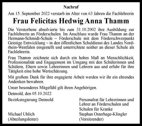 Traueranzeige von Felicitas Hedwig Anna Thamm von Westfalen-Blatt