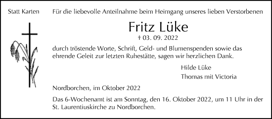 Traueranzeige von Fritz Lüke von Westfalen-Blatt