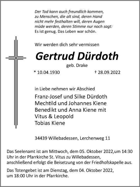 Traueranzeige von Gertrud Dürdoth von Westfalen-Blatt