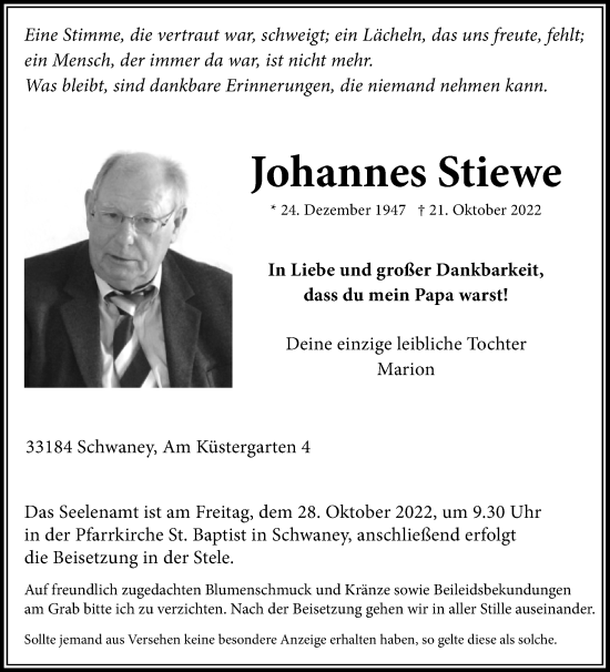 Traueranzeige von Johannes Stiewe von Westfalen-Blatt