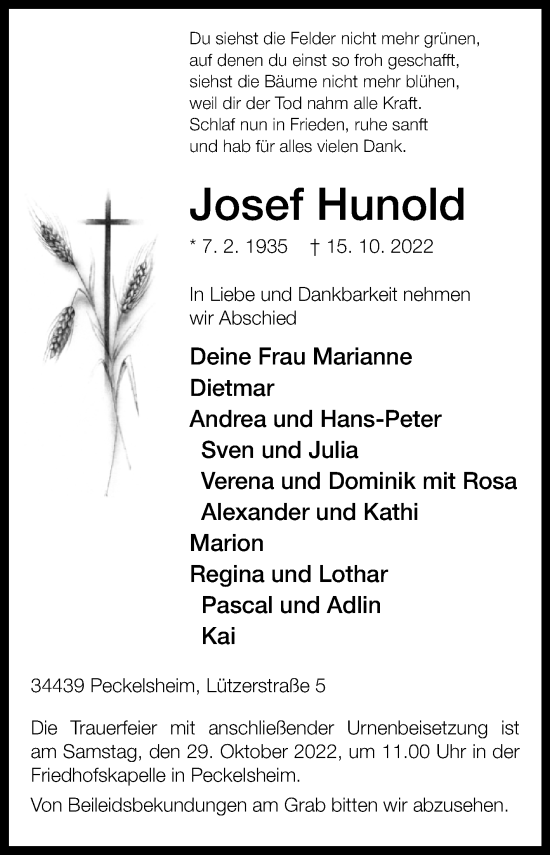 Traueranzeige von Josef Hunold von Westfalen-Blatt