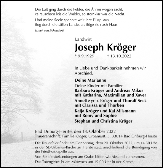 Traueranzeige von Joseph Kröger von Westfalen-Blatt