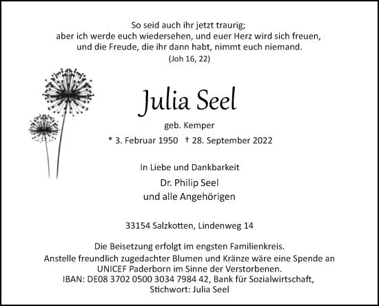 Traueranzeige von Julia Seel von Westfalen-Blatt