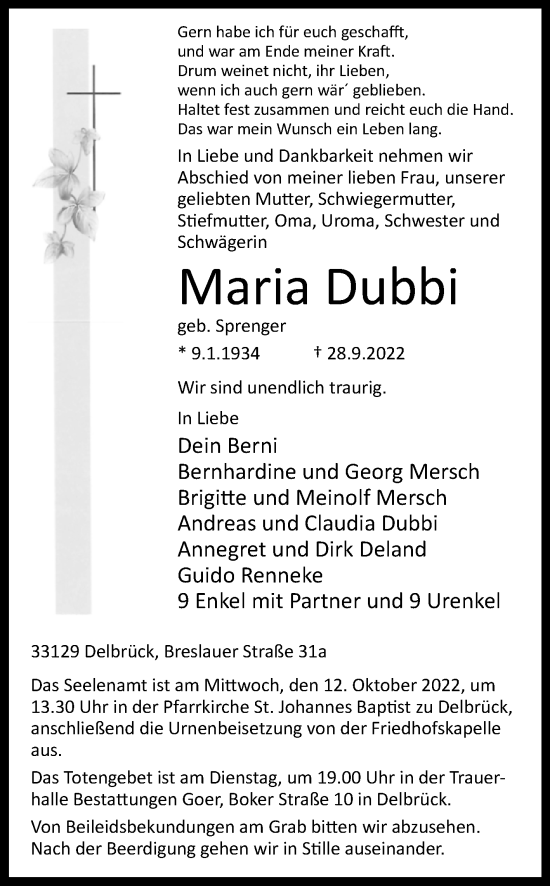 Traueranzeige von Maria Dubbi von Westfalen-Blatt