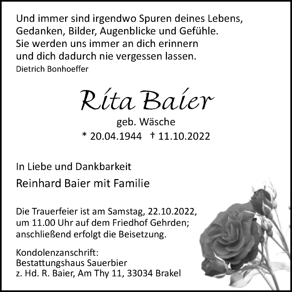  Traueranzeige für Rita Baier vom 15.10.2022 aus Westfalen-Blatt