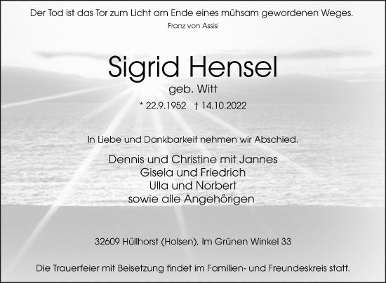 Traueranzeige von Sigrid Hensel von Westfalen-Blatt