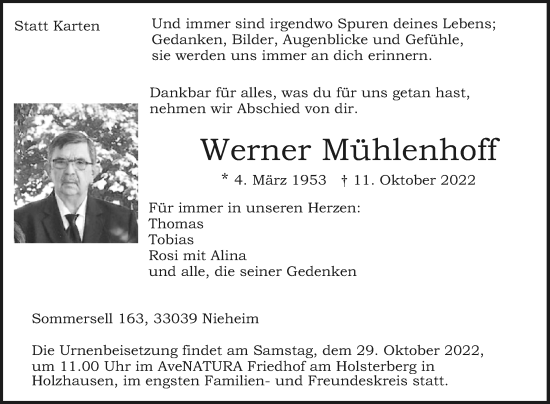 Traueranzeige von Werner Mühlenhoff von Westfalen-Blatt