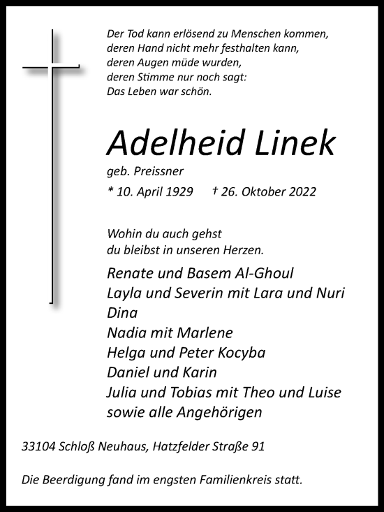 Traueranzeige von Adelheid Linek von Westfalen-Blatt