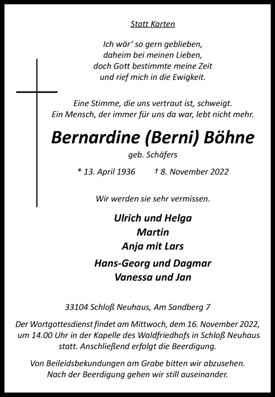 Traueranzeige von Bernardine  Böhne von Westfalen-Blatt