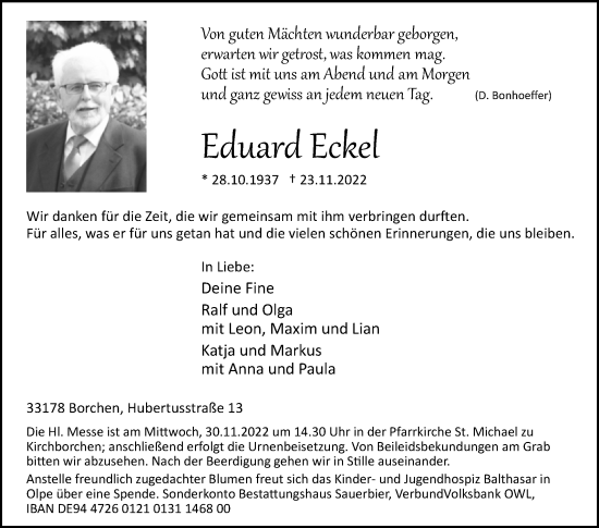 Traueranzeige von Eduard Eckel von Westfalen-Blatt