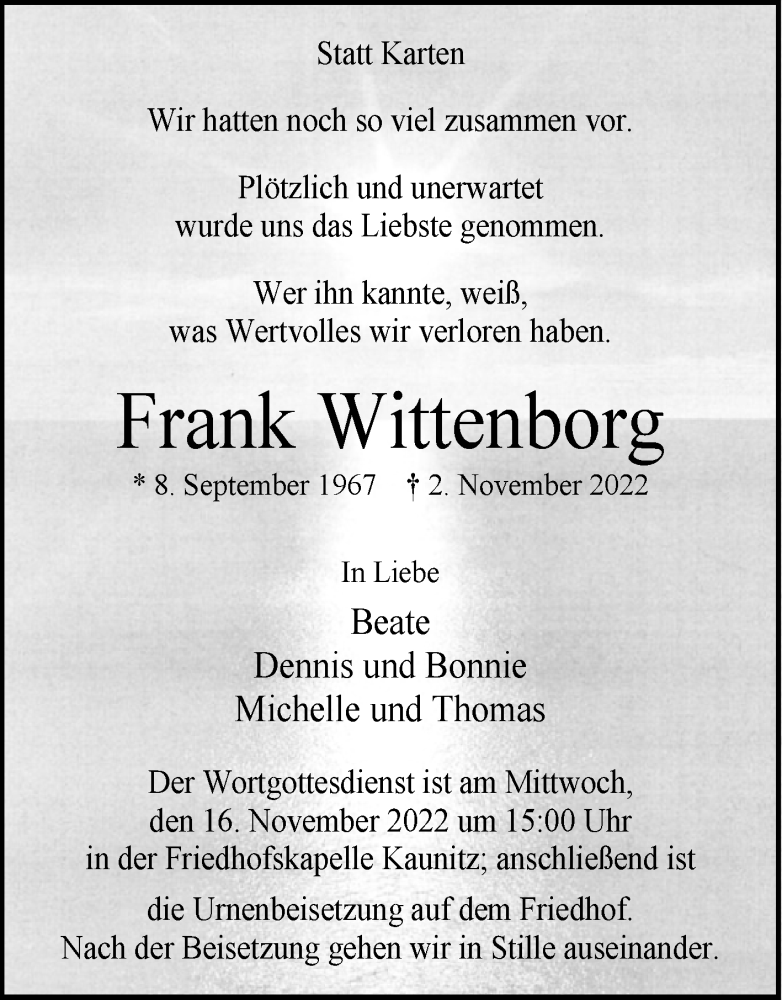  Traueranzeige für Frank Wittenborg vom 09.11.2022 aus Westfalen-Blatt