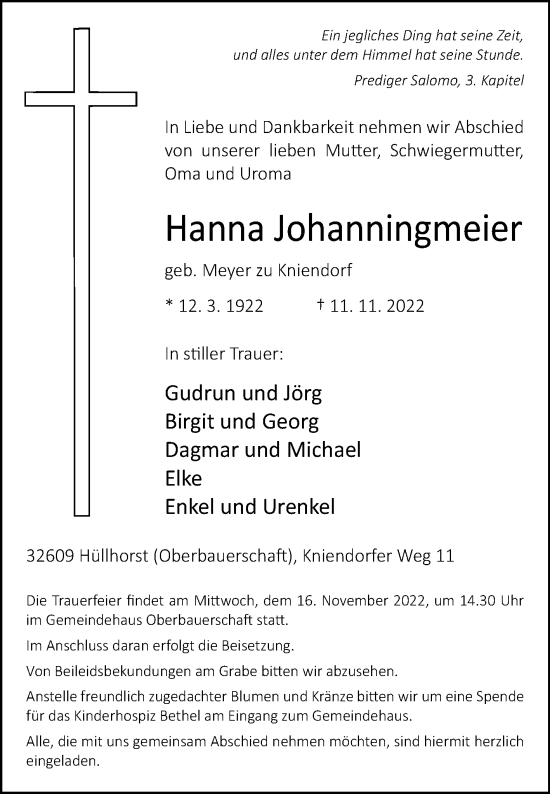 Traueranzeige von Hanna Johanningmeier von Westfalen-Blatt