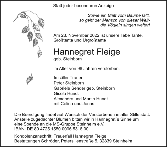 Traueranzeige von Hannegret Fleige von Westfalen-Blatt