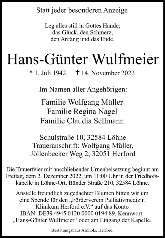 Traueranzeige von Hans-Günter Wulfmeier von Westfalen-Blatt