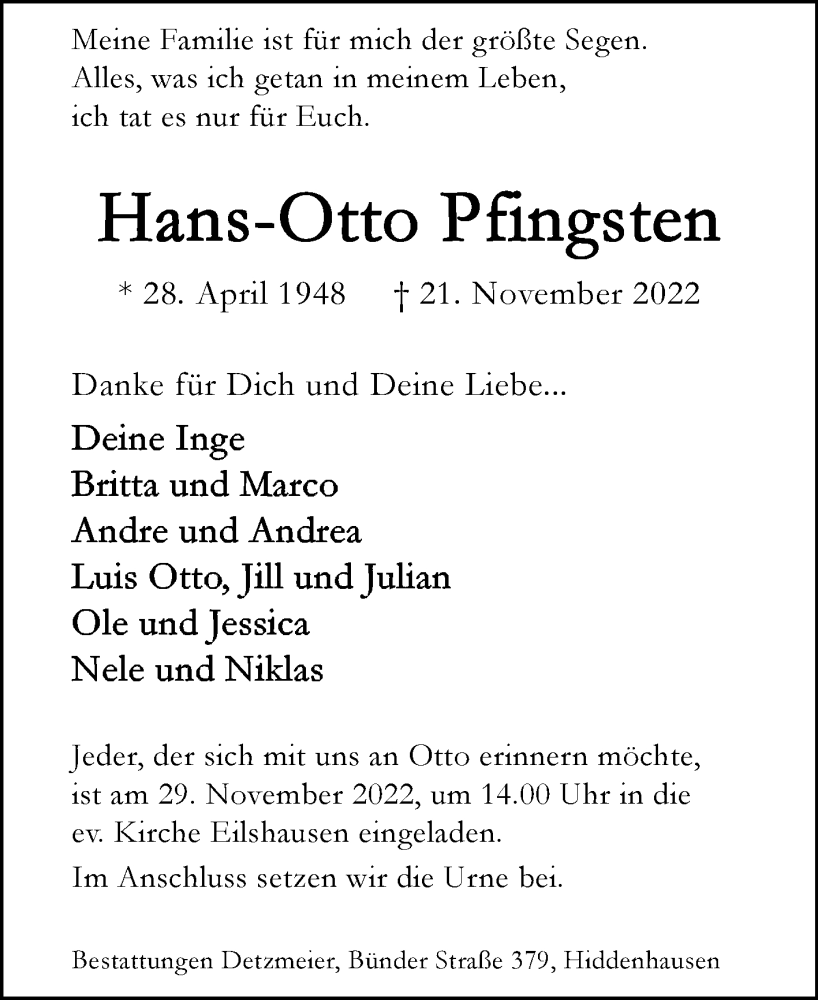  Traueranzeige für Hans-Otto Pfingsten vom 26.11.2022 aus Westfalen-Blatt