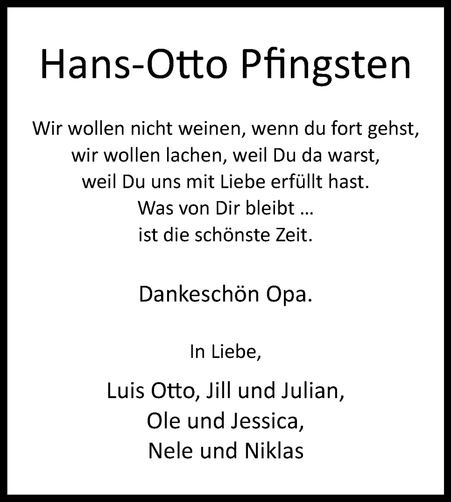  Traueranzeige für Hans-Otto Pfingsten vom 26.11.2022 aus Westfalen-Blatt