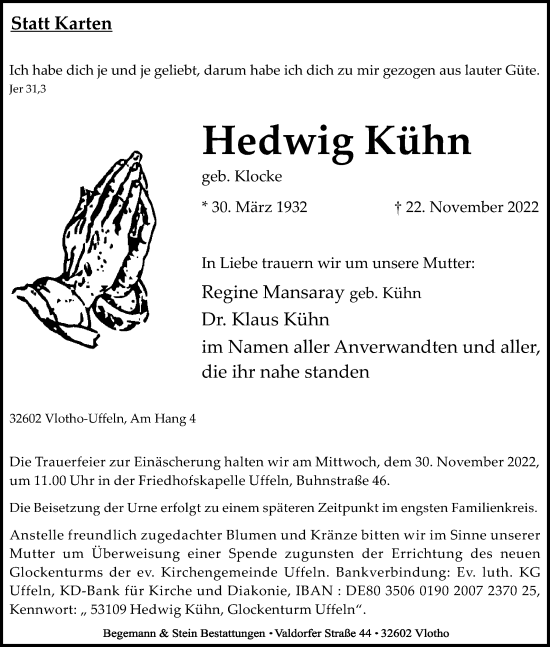 Traueranzeige von Hedwig Kühn von Westfalen-Blatt