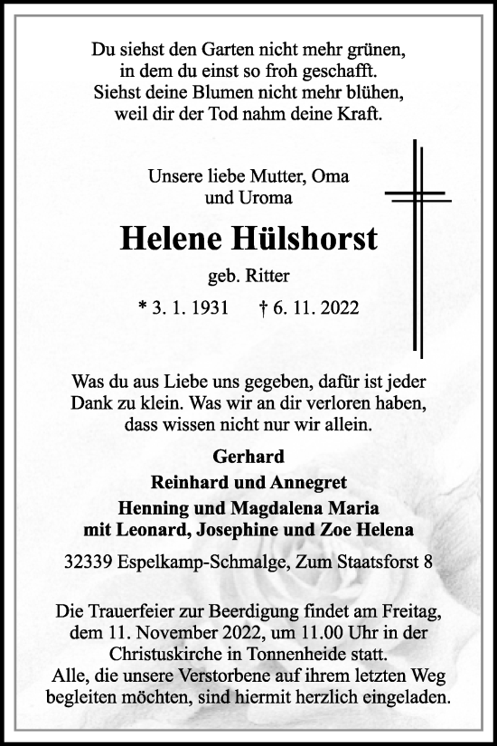 Traueranzeige von Helene Hülshorst von Westfalen-Blatt