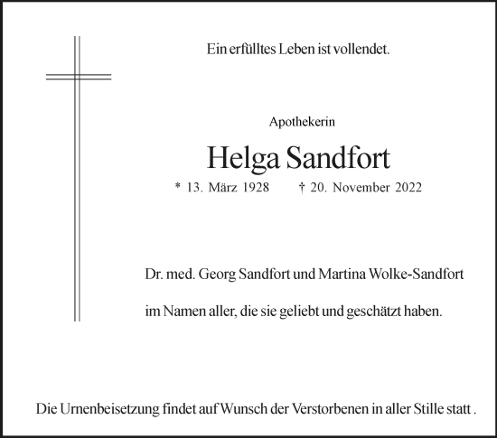 Traueranzeige von Helga Sandfort von Westfalen-Blatt