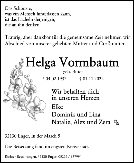 Traueranzeige von Helga Vormbaum von Westfalen-Blatt