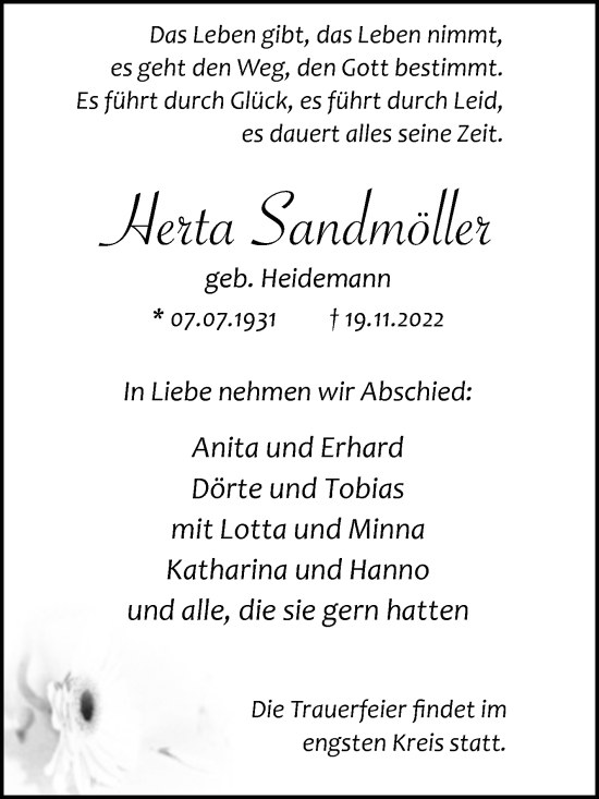 Traueranzeige von Herta Sandmöller von Westfalen-Blatt