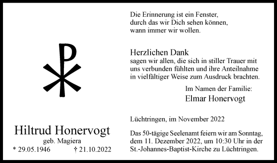 Traueranzeige von Hiltrud Honervogt von Westfalen-Blatt